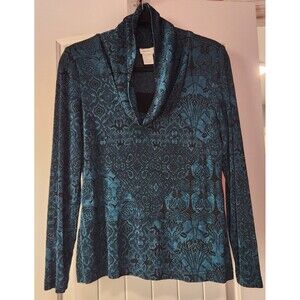 COLDWATER CREEK Damask Top Stretch Cowl Neck Teal/Black Womens XS